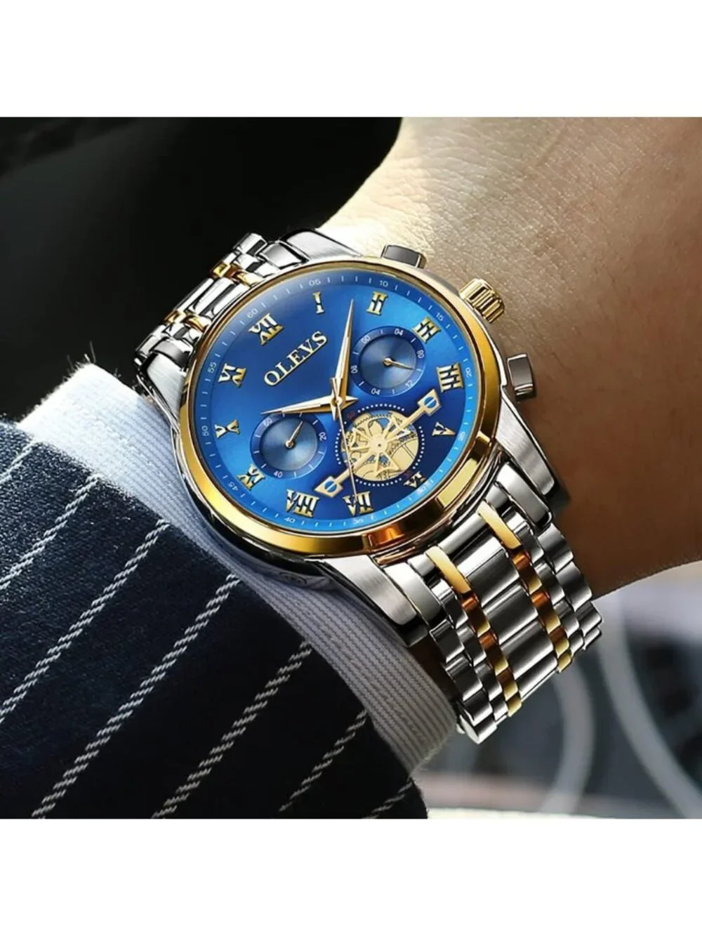 Olevs Men's Silver Blue Face Multifunction Waterproof Luminous Chronograph Watch